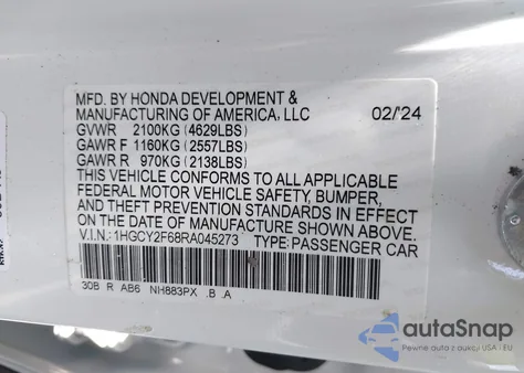 2024 Honda Accord Hybrid Ex-L из США, поврежденный, VIN 1HGCY2F68RA045273